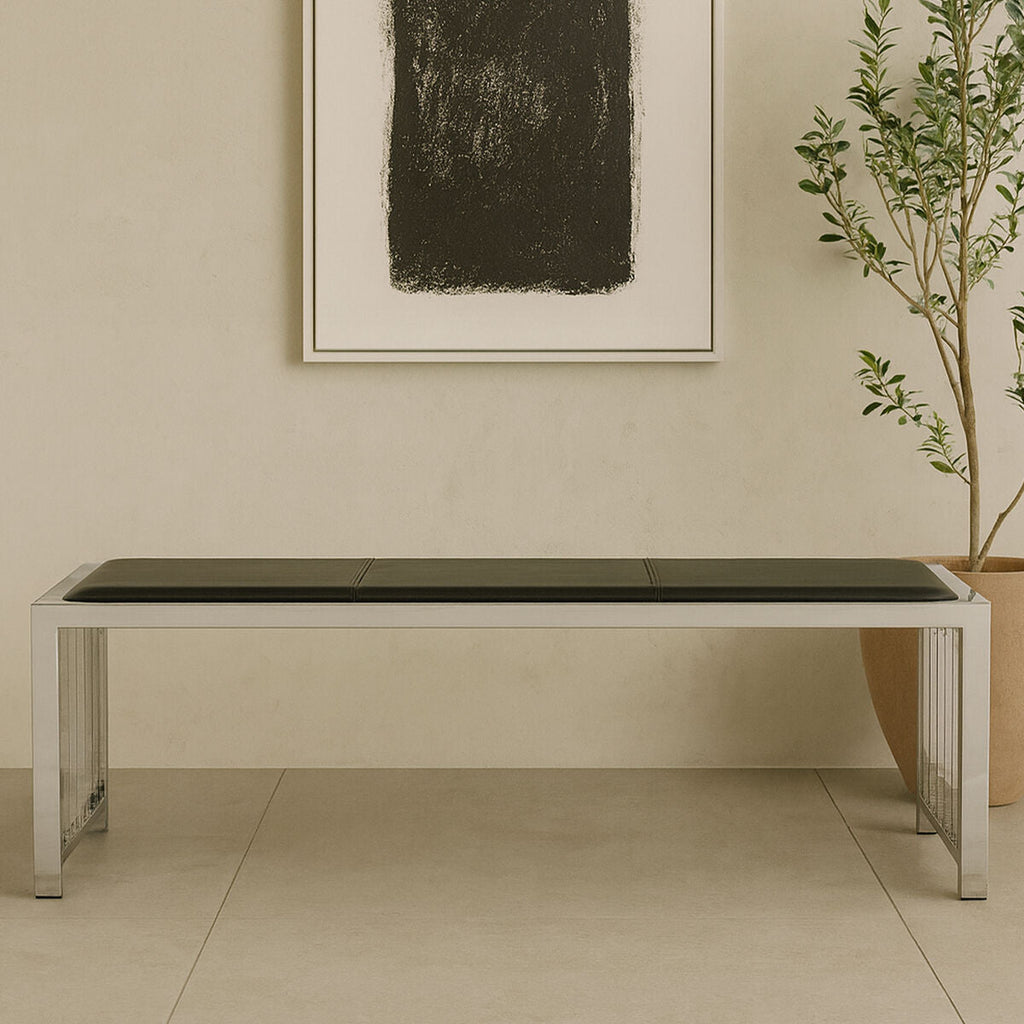 Novara Black Leather Bench With Stainless Steel Frame