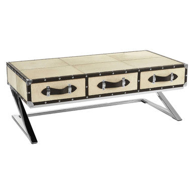 Mango Wood Three-Drawer Coffee Table With Leather Handles Black Trim & Stud Detailing, Kensington Townhouse