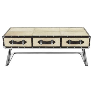 Mango Wood Three-Drawer Coffee Table With Leather Handles Black Trim & Stud Detailing, Kensington Townhouse