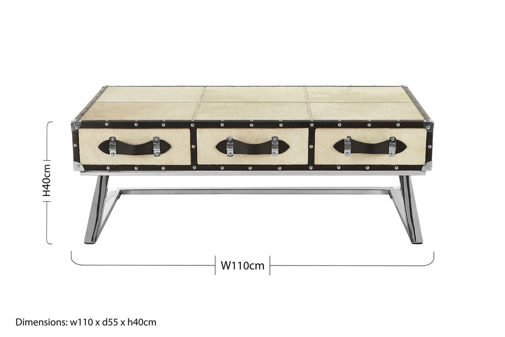 Mango Wood Three-Drawer Coffee Table With Leather Handles Black Trim & Stud Detailing, Kensington Townhouse
