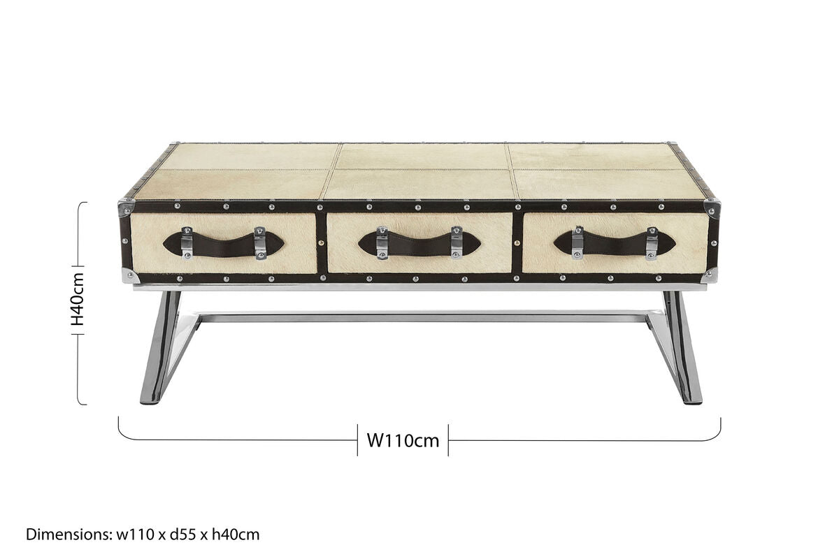 Mango Wood Three-Drawer Coffee Table With Leather Handles Black Trim & Stud Detailing, Kensington Townhouse