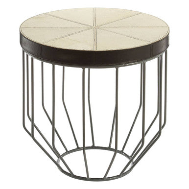 Tall Iron Side Table With Genuine Leather & Mango Wood Top, Kensington Townhouse
