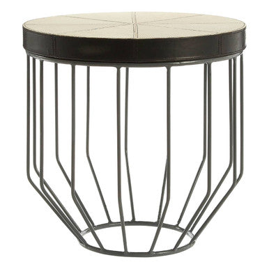 Tall Iron Side Table With Genuine Leather & Mango Wood Top, Kensington Townhouse