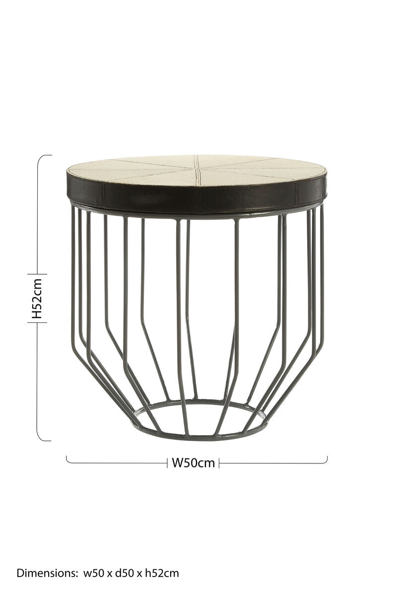 Tall Iron Side Table With Genuine Leather & Mango Wood Top, Kensington Townhouse