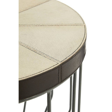 Tall Iron Side Table With Genuine Leather & Mango Wood Top, Kensington Townhouse