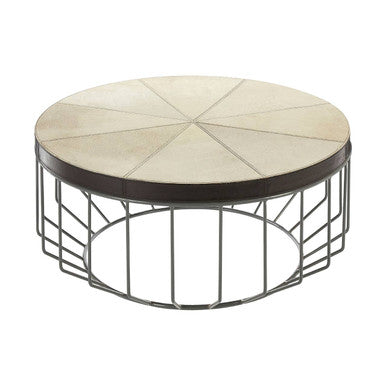 Genuine Leather Coffee Table With Distressed Grey Iron Cage Base, Kensington Townhouse