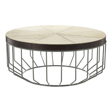 Genuine Leather Coffee Table With Distressed Grey Iron Cage Base, Kensington Townhouse