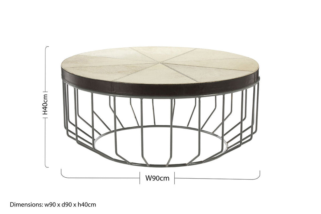 Genuine Leather Coffee Table With Distressed Grey Iron Cage Base, Kensington Townhouse