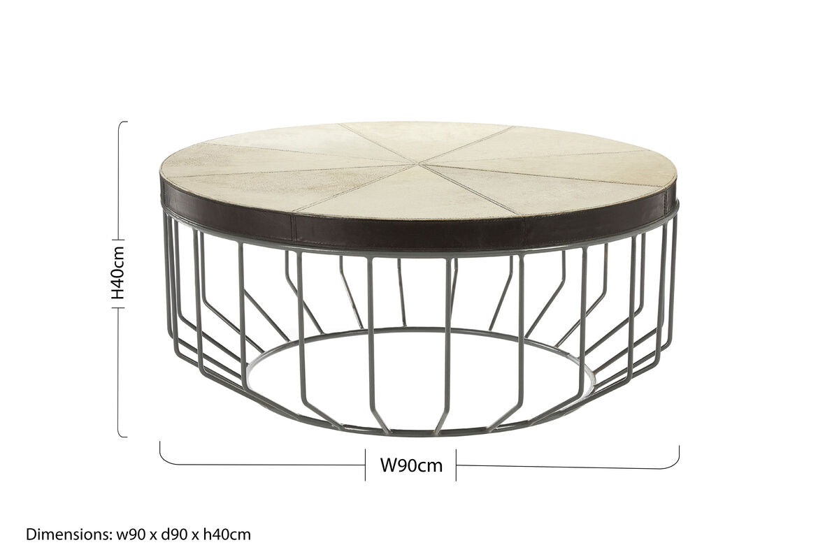 Genuine Leather Coffee Table With Distressed Grey Iron Cage Base, Kensington Townhouse