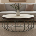 Genuine Leather Coffee Table With Distressed Grey Iron Cage Base, Kensington Townhouse