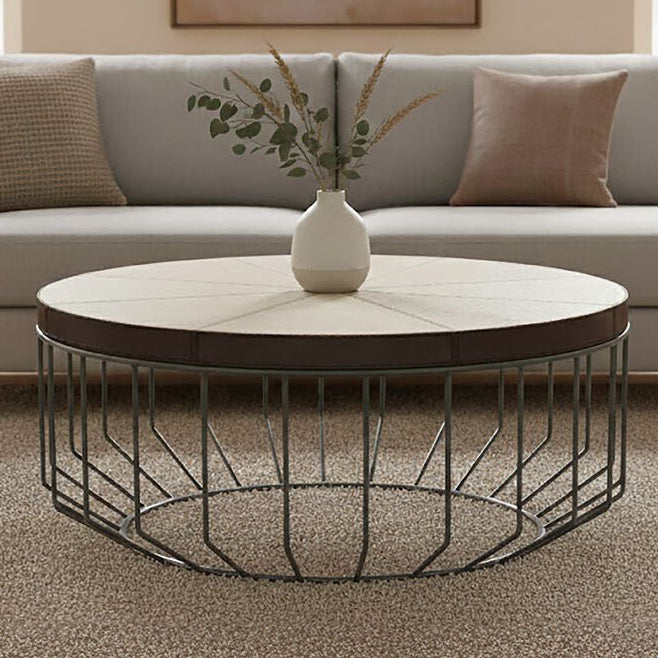 Genuine Leather Coffee Table With Distressed Grey Iron Cage Base, Kensington Townhouse