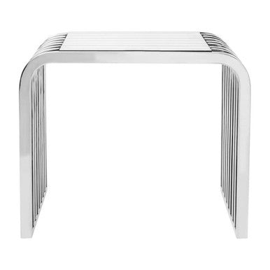 Silver Polished Stainless Steel Slatted End Table With Curved Shoulders & Clear Tempered Glass Top, Vogue