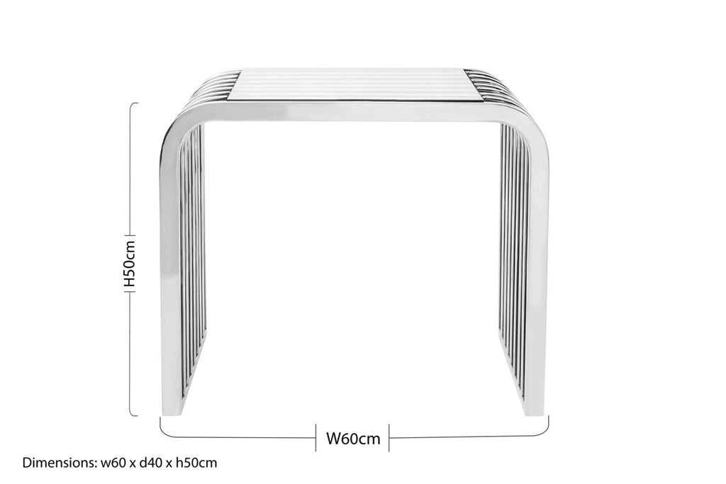 Silver Polished Stainless Steel Slatted End Table With Curved Shoulders & Clear Tempered Glass Top, Vogue