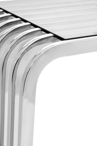 Silver Polished Stainless Steel Slatted End Table With Curved Shoulders & Clear Tempered Glass Top, Vogue