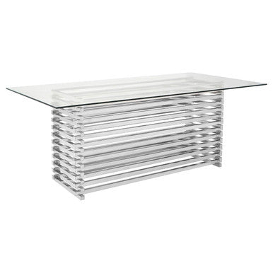 Clear Tempered Glass Rectangular Dining Table With Polished Stainless Steel Stacked Base, Vogue