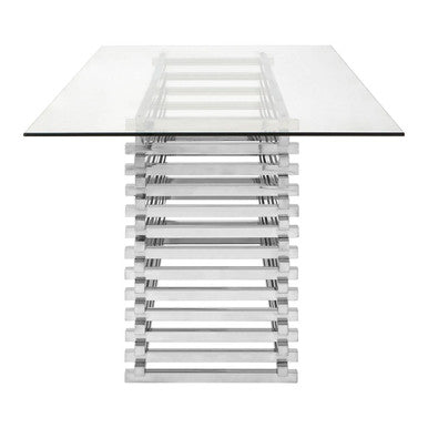 Clear Tempered Glass Rectangular Dining Table With Polished Stainless Steel Stacked Base, Vogue