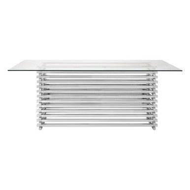 Clear Tempered Glass Rectangular Dining Table With Polished Stainless Steel Stacked Base, Vogue