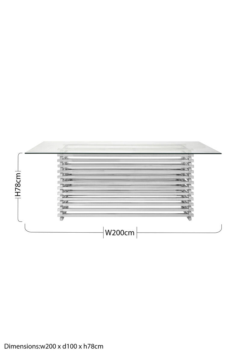 Clear Tempered Glass Rectangular Dining Table With Polished Stainless Steel Stacked Base, Vogue