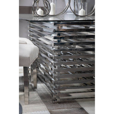 Clear Tempered Glass Rectangular Dining Table With Polished Stainless Steel Stacked Base, Vogue