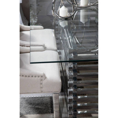 Clear Tempered Glass Rectangular Dining Table With Polished Stainless Steel Stacked Base, Vogue