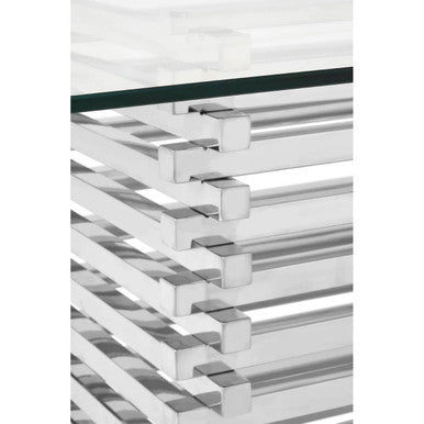 Clear Tempered Glass Rectangular Dining Table With Polished Stainless Steel Stacked Base, Vogue