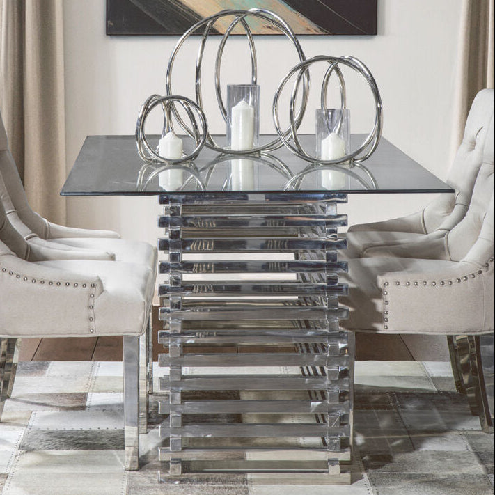 Clear Tempered Glass Rectangular Dining Table With Polished Stainless Steel Stacked Base, Vogue