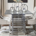Clear Tempered Glass Rectangular Dining Table With Polished Stainless Steel Stacked Base, Vogue