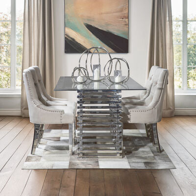 Clear Tempered Glass Rectangular Dining Table With Polished Stainless Steel Stacked Base, Vogue