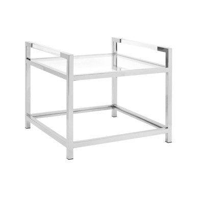 Polished Silver Stainless Steel End Table With Clear Tempered Glass Shelves, Vogue
