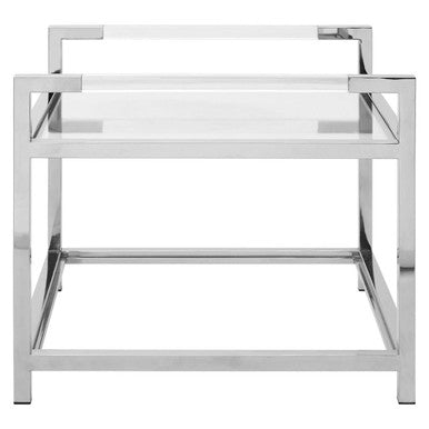Polished Silver Stainless Steel End Table With Clear Tempered Glass Shelves, Vogue