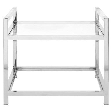 Polished Silver Stainless Steel End Table With Clear Tempered Glass Shelves, Vogue