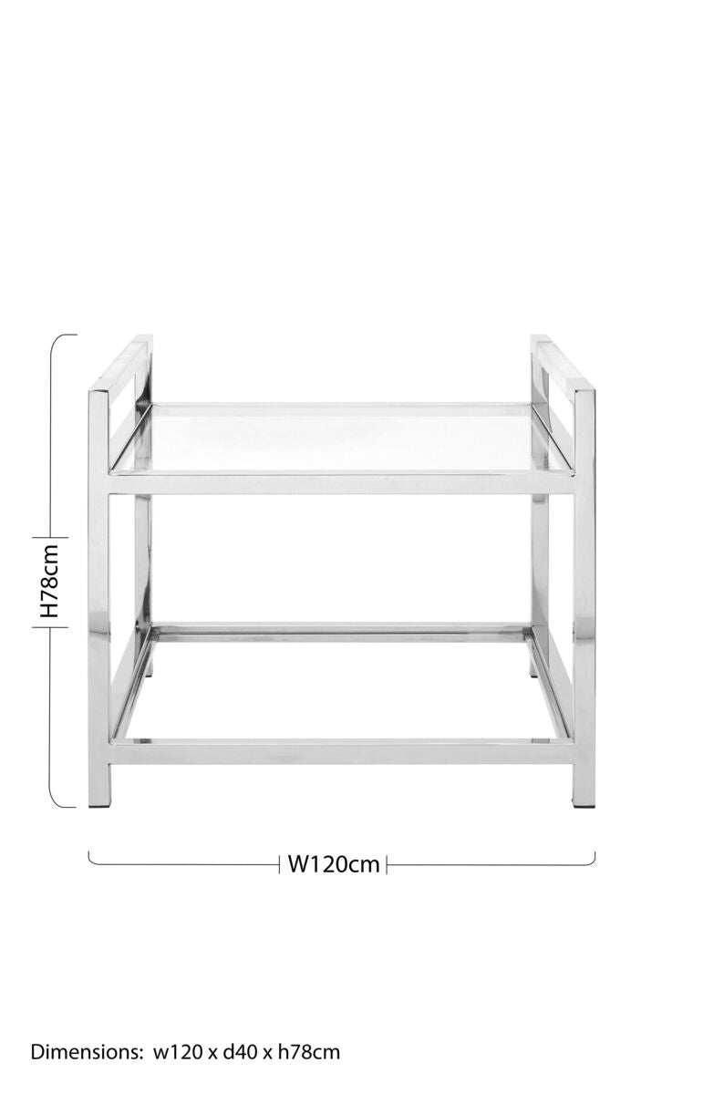 Polished Silver Stainless Steel End Table With Clear Tempered Glass Shelves, Vogue