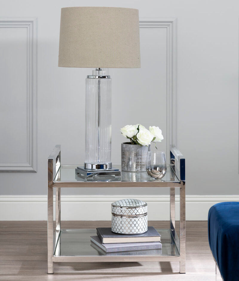 Polished Silver Stainless Steel End Table With Clear Tempered Glass Shelves, Vogue