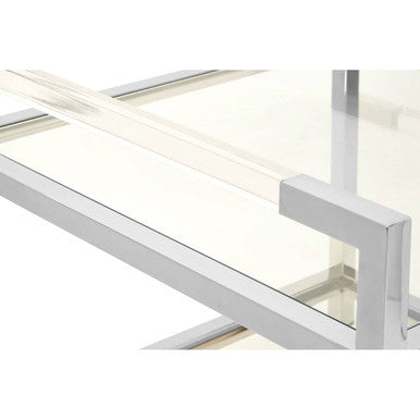 Polished Silver Stainless Steel End Table With Clear Tempered Glass Shelves, Vogue