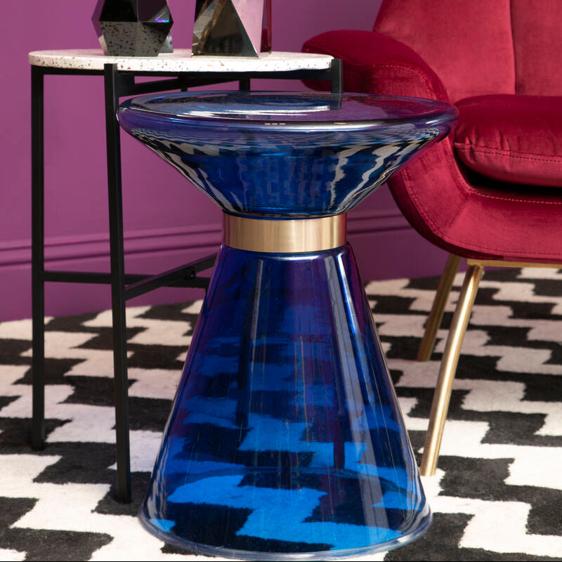 Blue Glass Hourglass Side Table With Gold Steel Ring, Martini