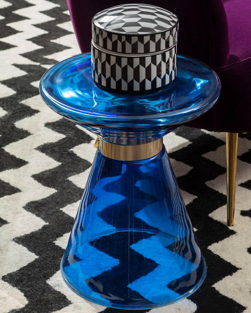 Blue Glass Hourglass Side Table With Gold Steel Ring, Martini
