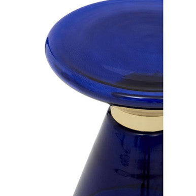 Blue Glass Hourglass Side Table With Gold Steel Ring, Martini