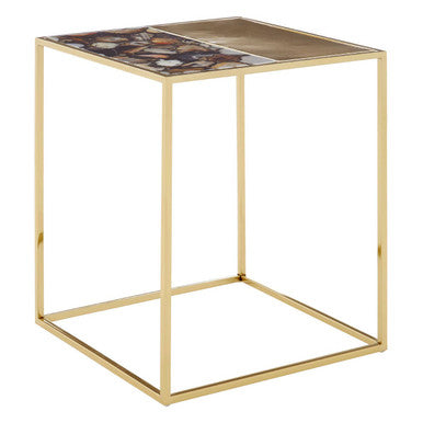 Square Agate Stone Top Side Table With Rich Gold Steel Base, Vita