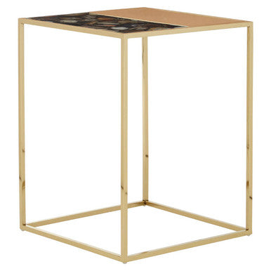 Square Agate Stone Top Side Table With Rich Gold Steel Base, Vita