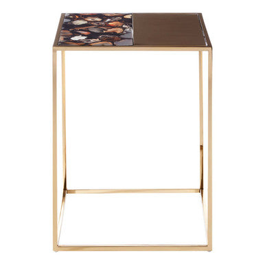 Square Agate Stone Top Side Table With Rich Gold Steel Base, Vita