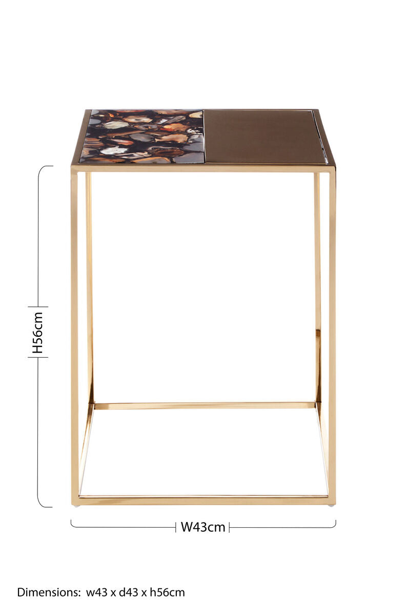 Square Agate Stone Top Side Table With Rich Gold Steel Base, Vita