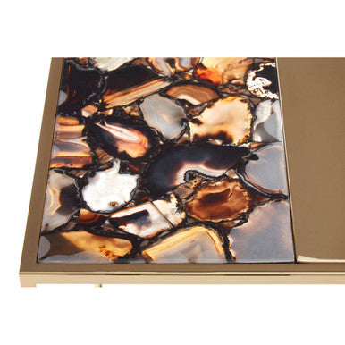 Square Agate Stone Top Side Table With Rich Gold Steel Base, Vita