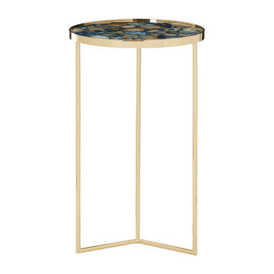 Round Blue Agate Stone Top Side Table With Rich Gold Steel Base, Vita