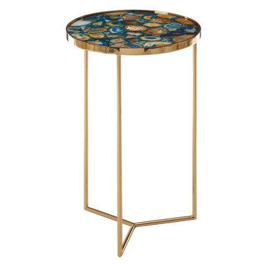 Round Blue Agate Stone Top Side Table With Rich Gold Steel Base, Vita