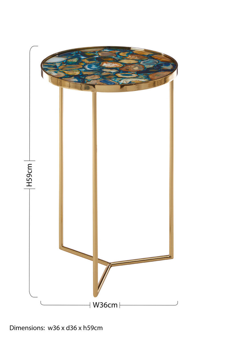 Round Blue Agate Stone Top Side Table With Rich Gold Steel Base, Vita