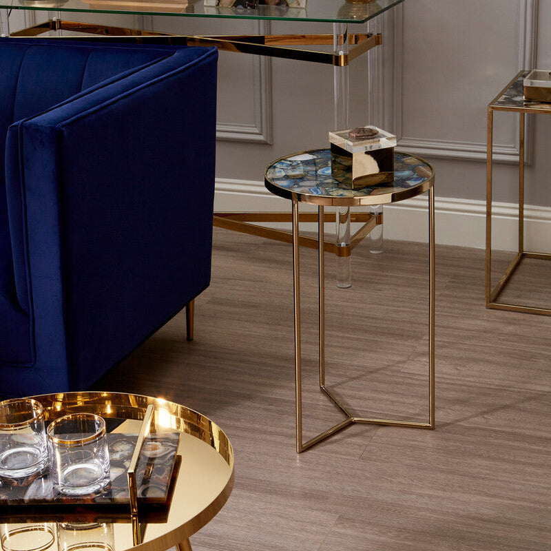 Round Blue Agate Stone Top Side Table With Rich Gold Steel Base, Vita
