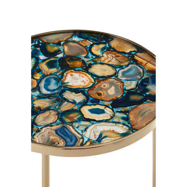 Round Blue Agate Stone Top Side Table With Rich Gold Steel Base, Vita