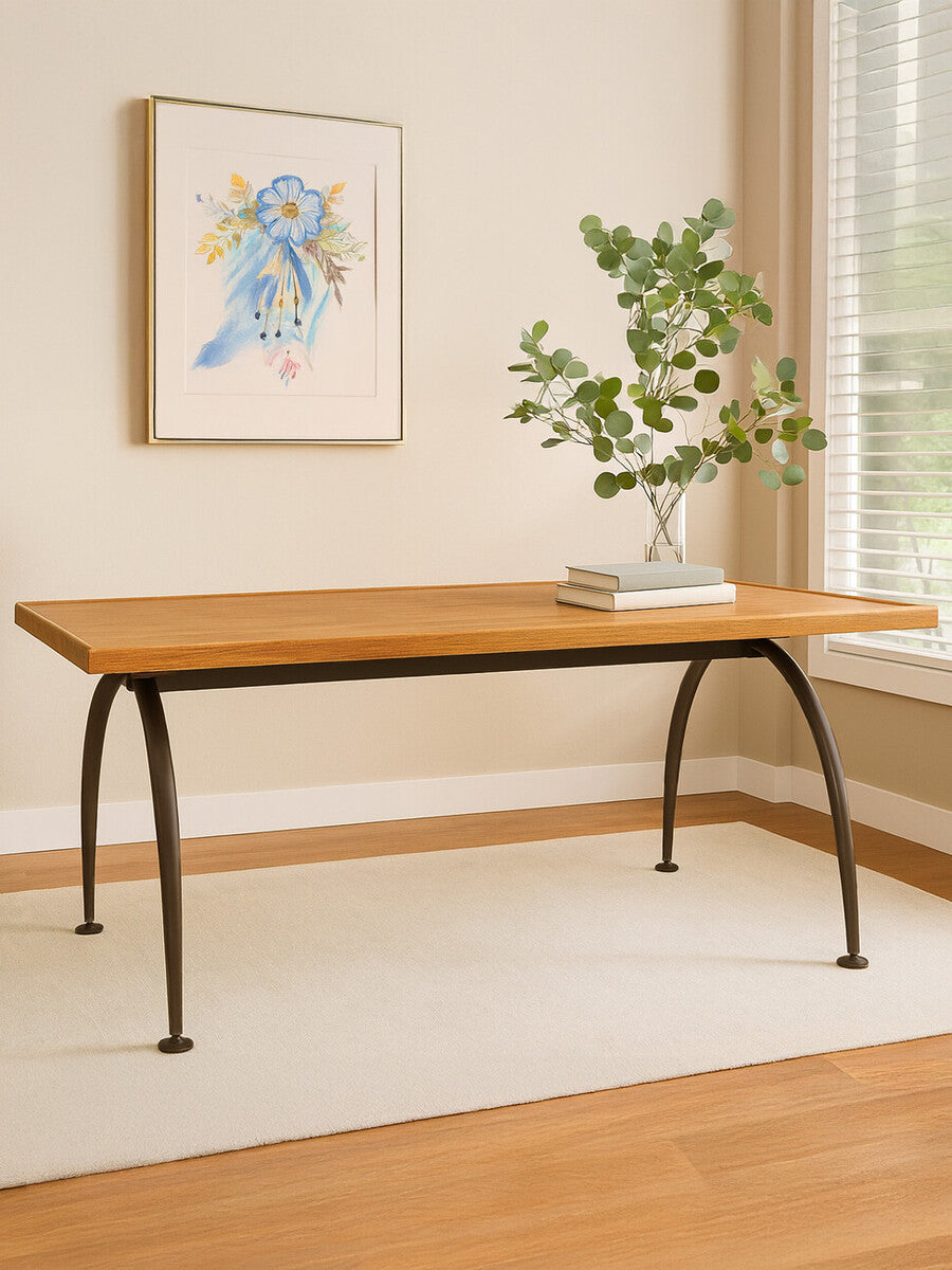 Natural Elm Wood Top Dining Table With Metal Frame, New Foundry