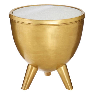 Gold Metal Side Table With Natural White Marble Top & Tapered Legs, Crest