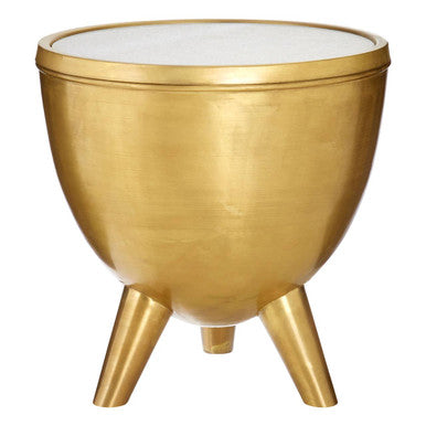Gold Metal Side Table With Natural White Marble Top & Tapered Legs, Crest